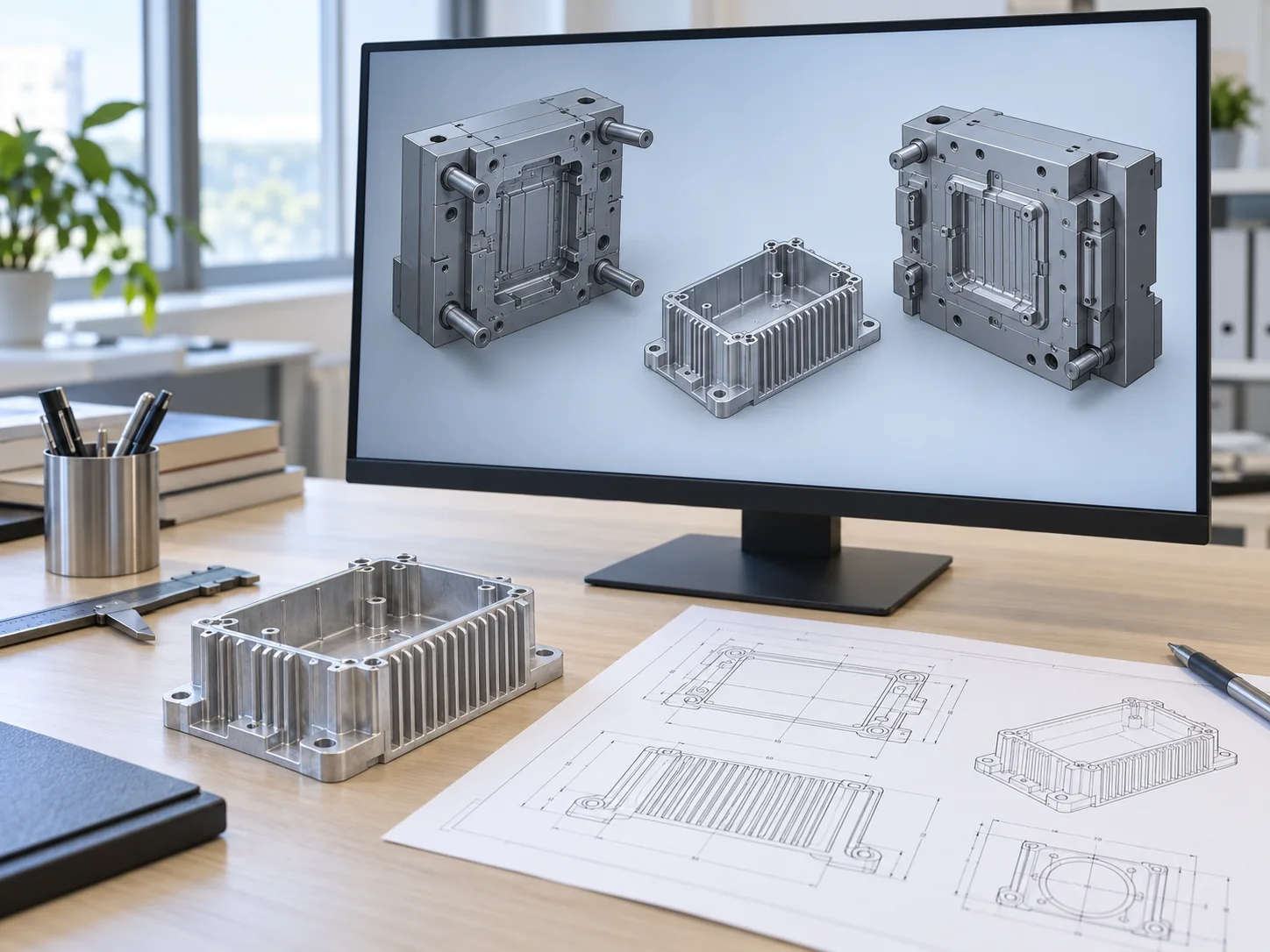 Illustrative CAD mold design review with product drawing and aluminum sample
