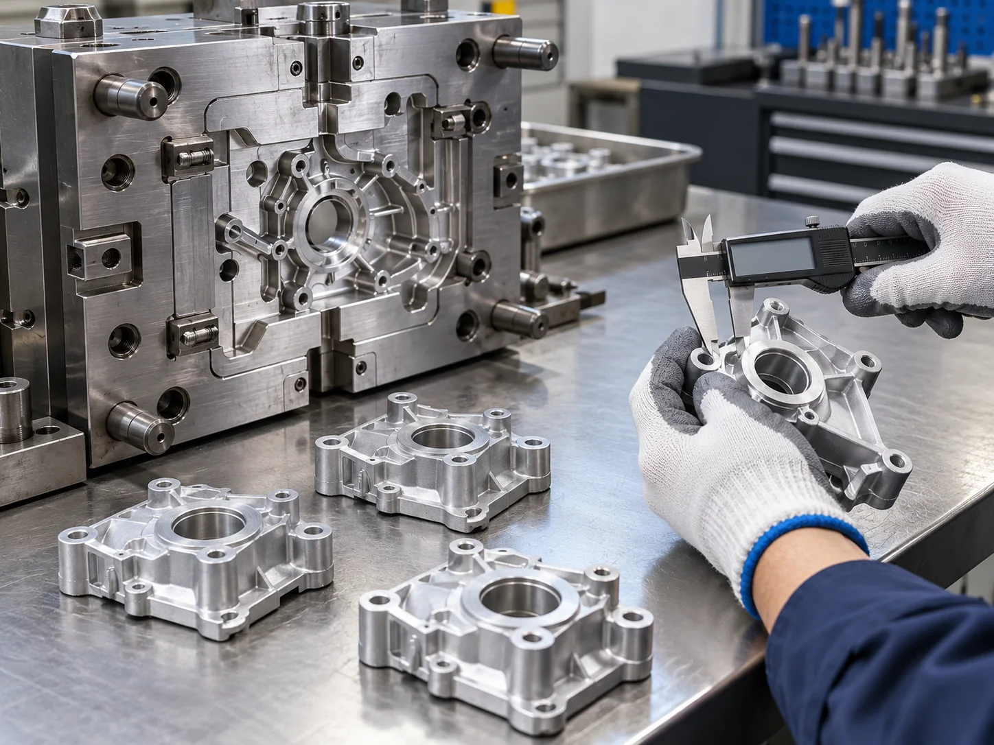 Illustrative inspection of aluminum trial castings beside a die casting mold