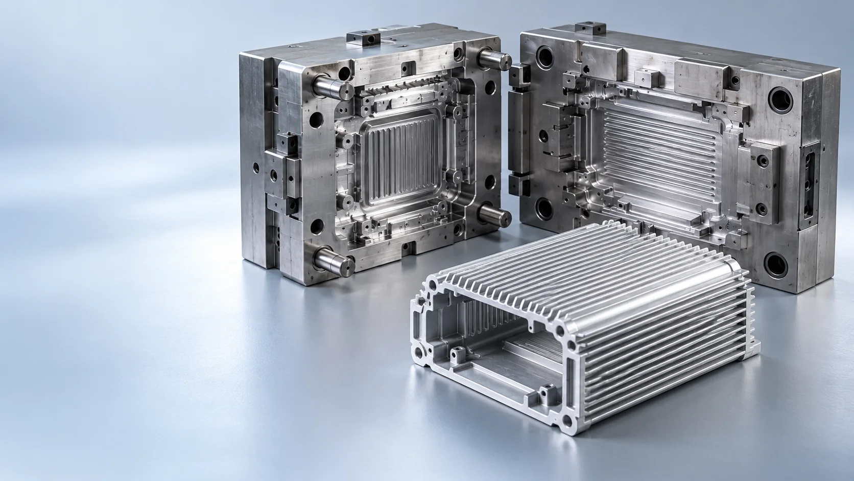 Illustrative open steel die casting mold beside a finned aluminum power equipment enclosure