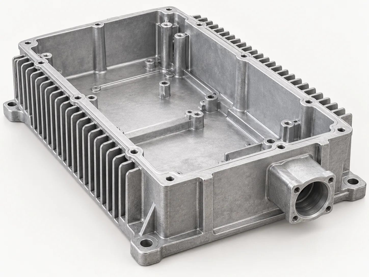 Illustrative open aluminum inverter housing showing an internal cavity, cable entry, mounting feet, mating rim and external cooling fins