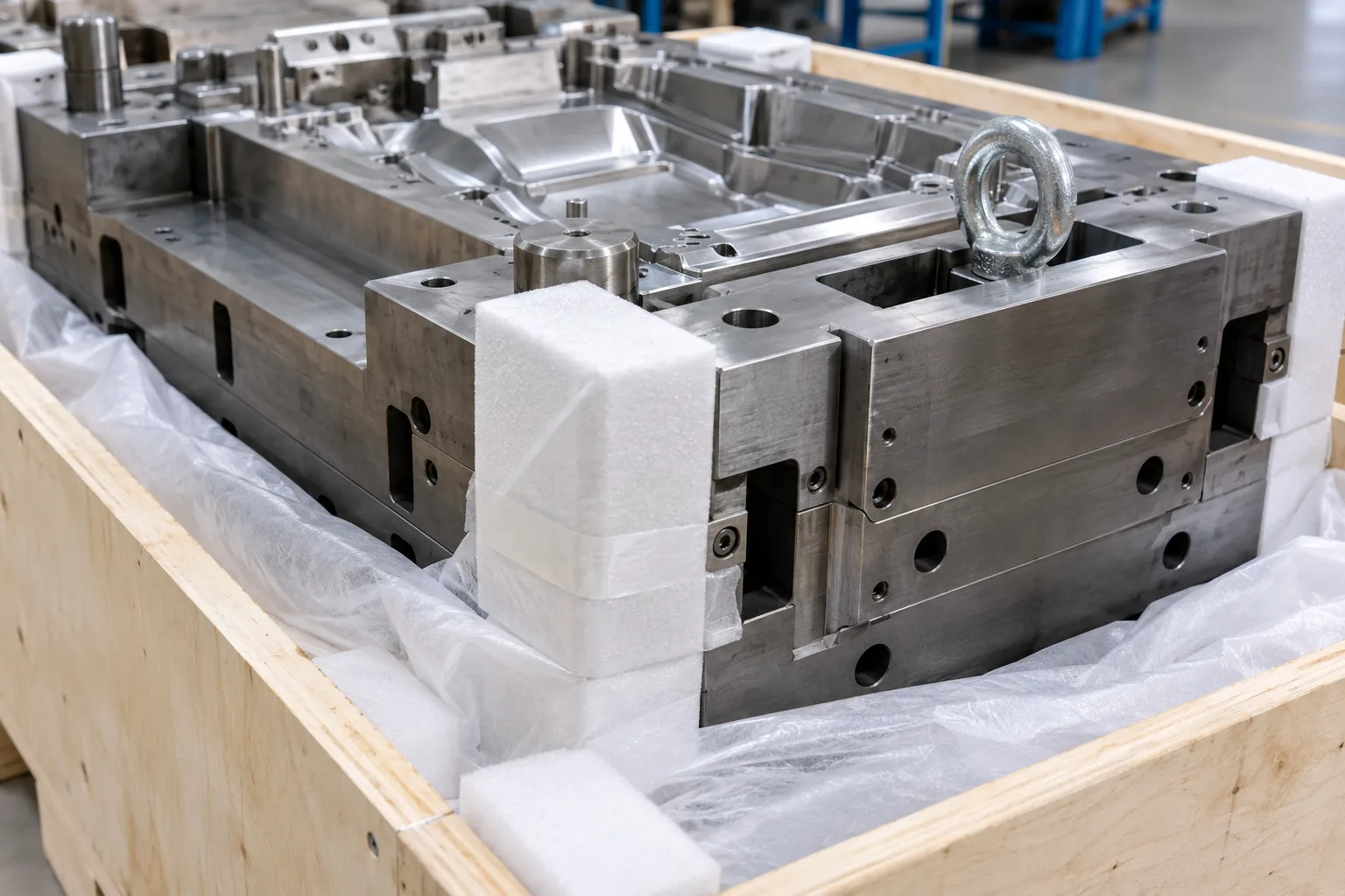 Illustrative close view of protective cushioning and a steel mold on a timber shipping base