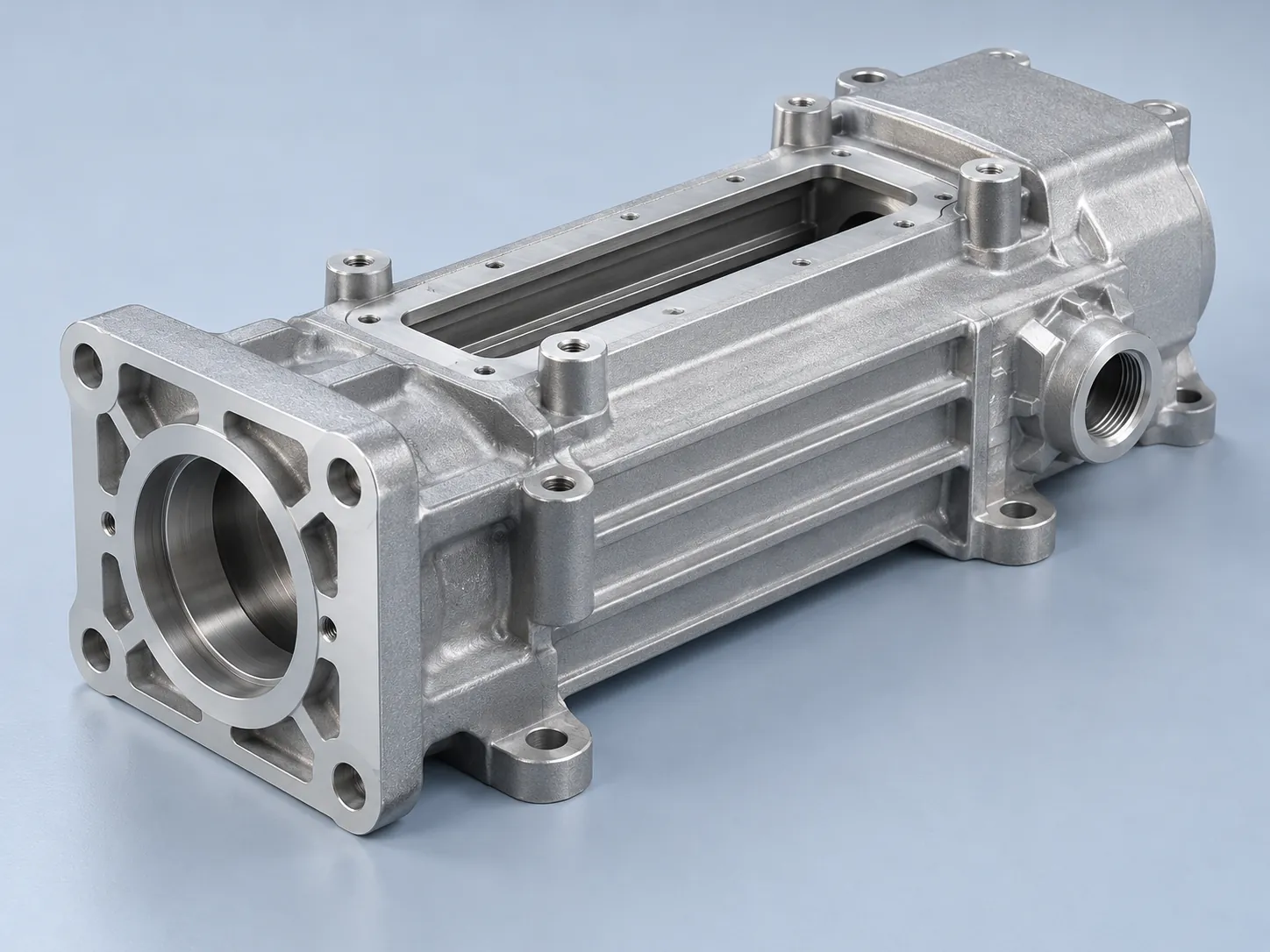 Illustrative linear actuator housing with mounting faces, guide opening, cable port and bolt bosses