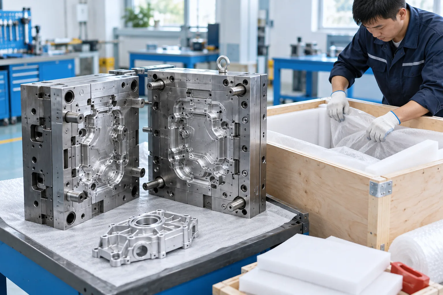 Illustrative completed die casting mold beside a protective shipping crate being prepared for packing