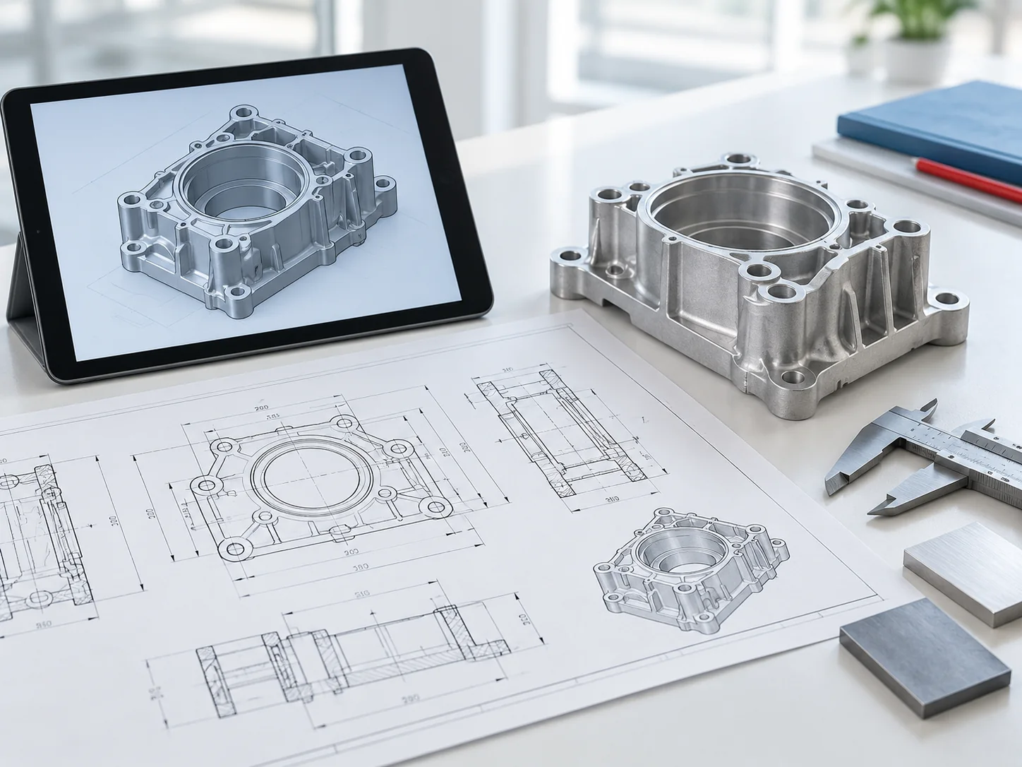 Illustrative 2D part drawing, matching 3D product model and physical aluminum sample
