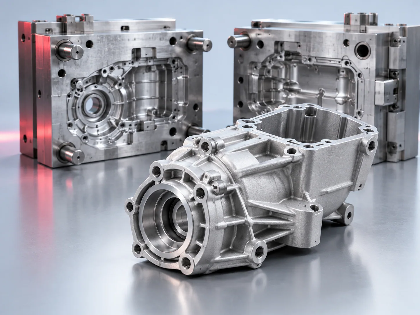 Illustrative steel mold halves behind an aluminum power tool gearbox housing